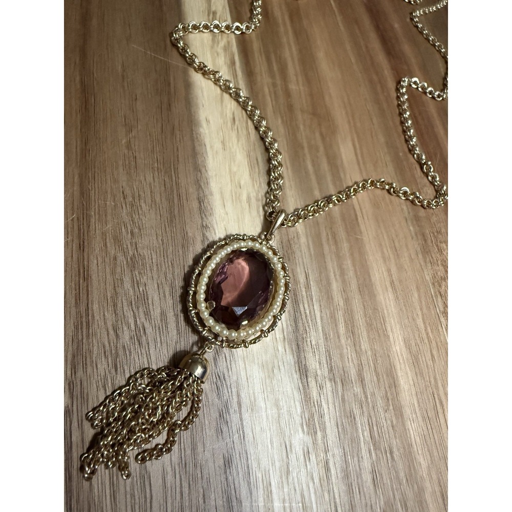 Vintage Avon Signed Victorian Style Pendant Necklace Faux Pearls Tassel